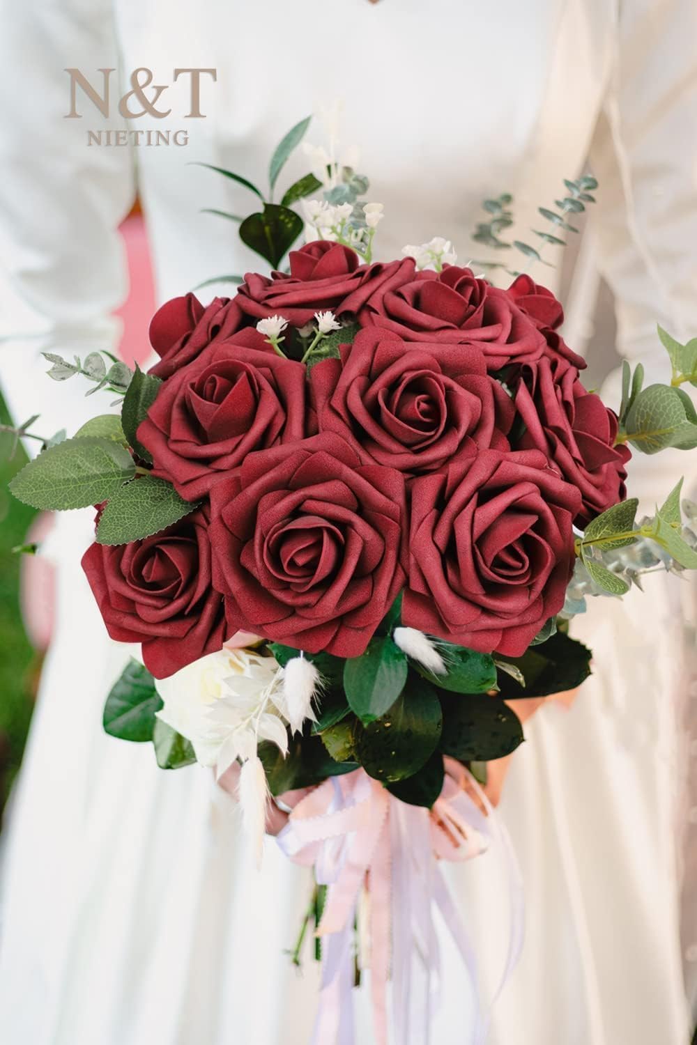 N&T NIETING Artificial Flowers Roses, 25Pcs Red Foam Roses Real Touch Roses with Stems Fake Flowers for Wedding Bridal Bouquets Centerpieces Floral Arrangement Party Home Decoration, Dark Red