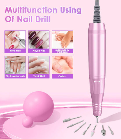 Portable Nail Drill Electric File: 40000RPM Professional Rechargeable Nail E-File Machine, Cordless Nail Drill with Bits & Base for Acrylic Nails Remove Nail Gel Polish Manicure for Salon Home, White