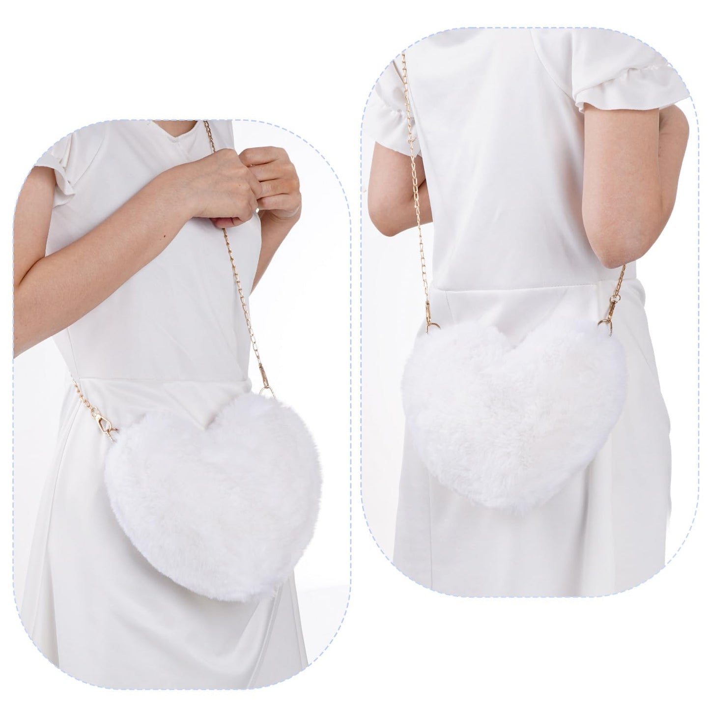 Miayon Heart Shaped Faux Fur Purse Fluffy Crossbody Shoulder Bag Cute Clutch Purses for Women Girls Halloween Christmas Valentine (White)