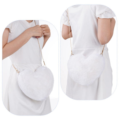 Miayon Heart Shaped Faux Fur Purse Fluffy Crossbody Shoulder Bag Cute Clutch Purses for Women Girls Halloween Christmas Valentine (White)