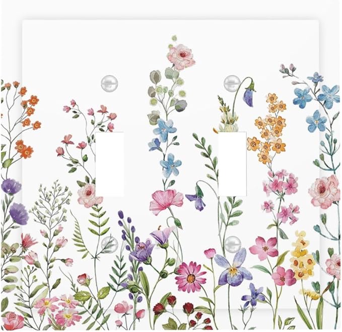 Rustic Wild Floral Vintage Watercolor Flower Double Toggle Light Switch Cover Decorative 2 Gang Wall Plate Electrical Switchplate Faceplate for Bathroom Kitchen Decorate Accessories