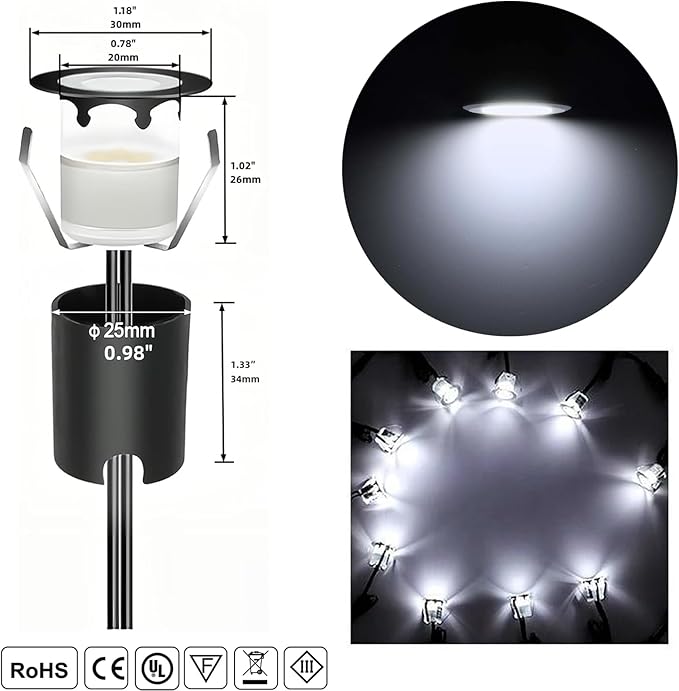 Natural White Recessed LED Deck Light, RNEHON 12V Low Voltage Step Lights with Protecting Shell, Φ1.18 Landscape Lights Outdoor for Garden,Yard Steps,Stair,Patio,Floor,Kitchen Decoration