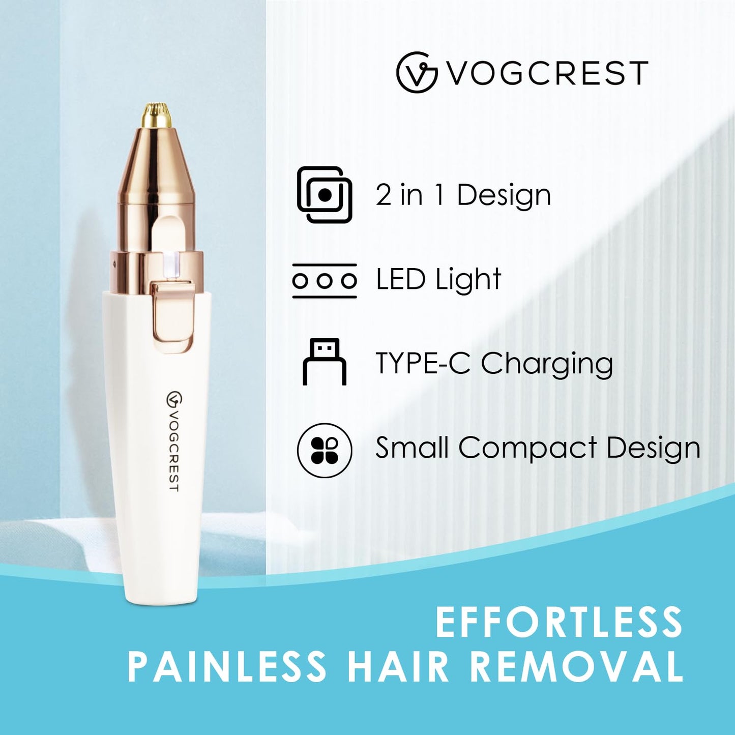 VG VOGCREST Eyebrow & Facial Trimmer: 2 in1 Rechargeable Facial Hair Removal & Eyebrow Shaver - Body Razor with Built-in LED Light (Rose Gold)