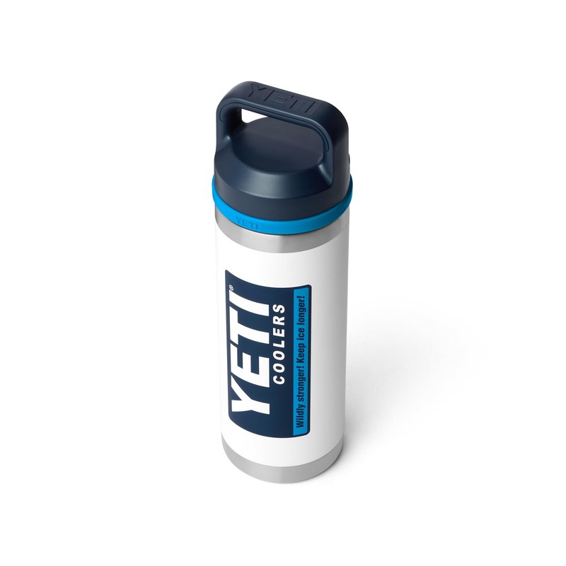 YETI Rambler 18 oz Bottle, Leakproof, Vacuum Insulated, Stainless Steel with Chug Cap, White/Blue