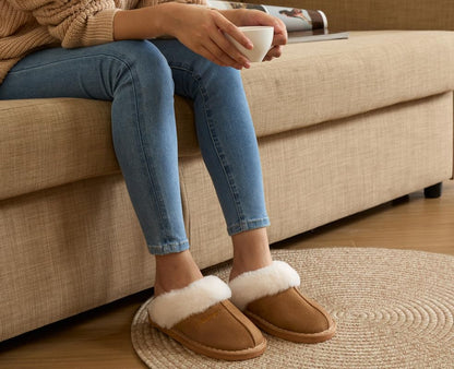 Misolin Womens Slipper Memory Foam Fluffy Slip-on House Suede Fur Lined/Anti-Skid Sole, Indoor & Outdoor Light Brown 5.5/6.5 UK, Light Brown