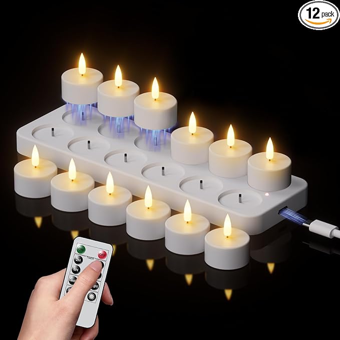 Rechargeable Tea Lights Candles with Remote Timer & Charging Base, 12pcs Battery Operated LED Candles Tea Lights Flameless for Halloween Decorations Wedding Home DecorΦ 1.57" H 1.85"