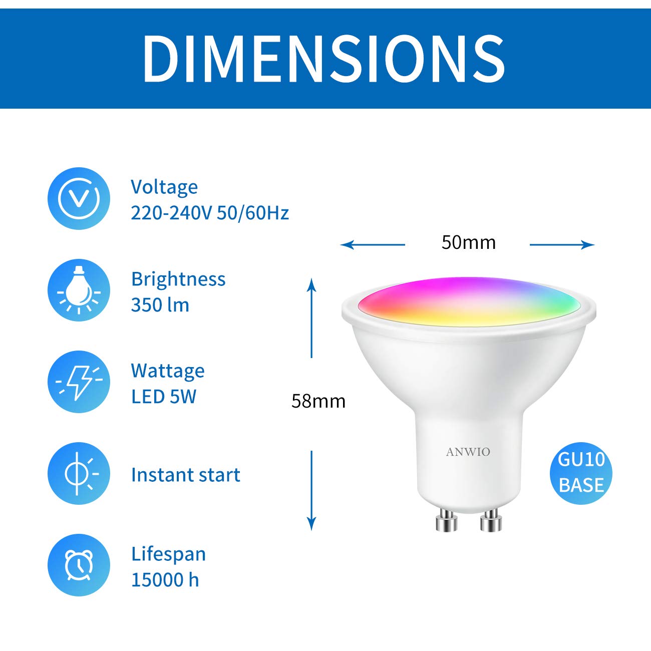 GU10 Reflector Smart LED Bulb, ANWIO 6W = 35 Watt, 400Lm, Compatible with Alexa, Echo, Google Assistant, Dimmed TUYA/Smart Life APP, 4 Pack