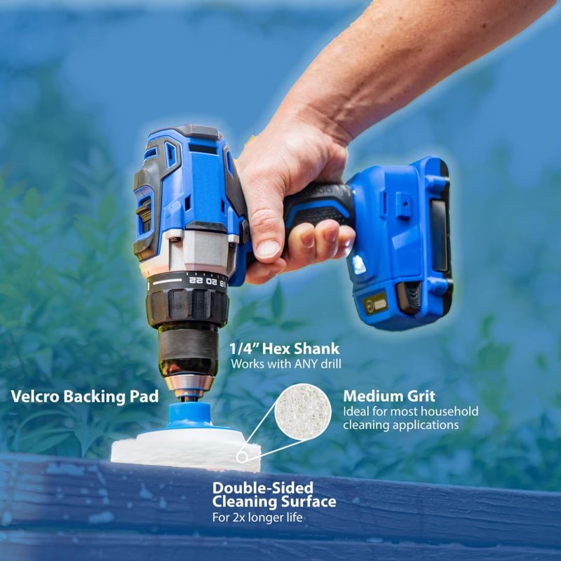 RotoScrub 7 Pack Multi-Purpose Drill Brush Kit for Cleaning Bathrooms, Showers, Tubs, Tile, Floors, Sinks, Toilets, Grout and Grime Removal, Reversible Blue and White Scrub Pads