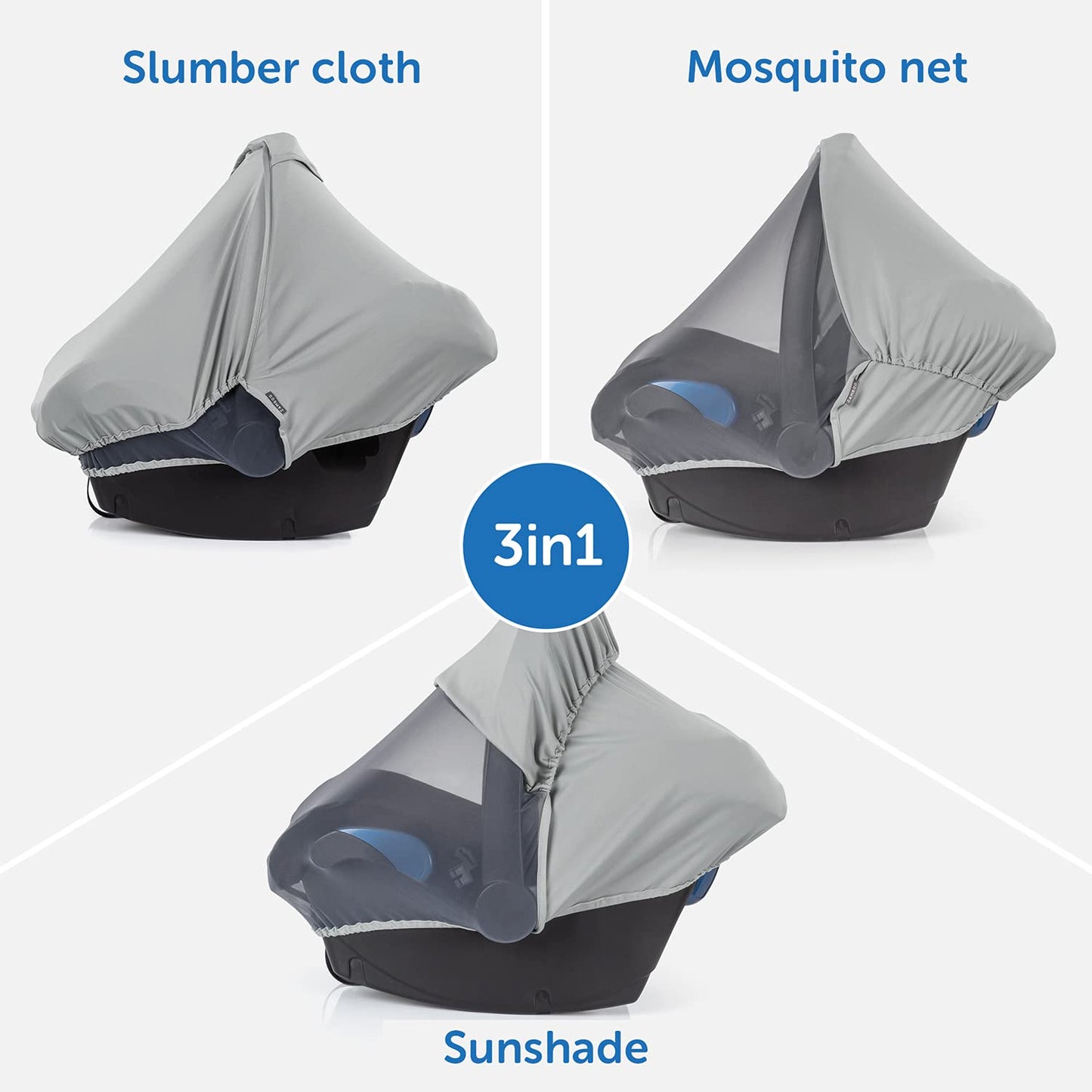 Zamboo - 3 in 1 Universal Car Sun Shade for Baby with UV Protection 50, Baby Mosquito Net and Blackout Cover in one Car Seat Accessory (Grey)