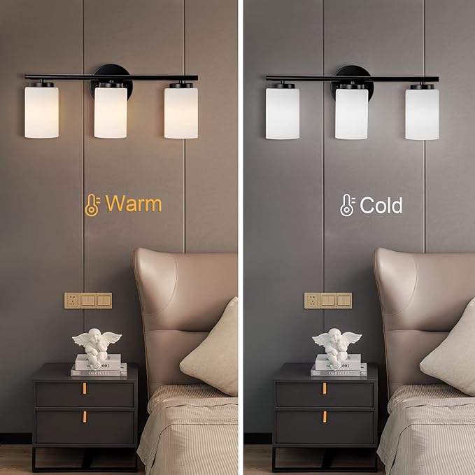 3-Light Bathroom Vanity Lighting Fixture, Industrial Black Wall Light Sconce Frosted Milky White Glass Shade