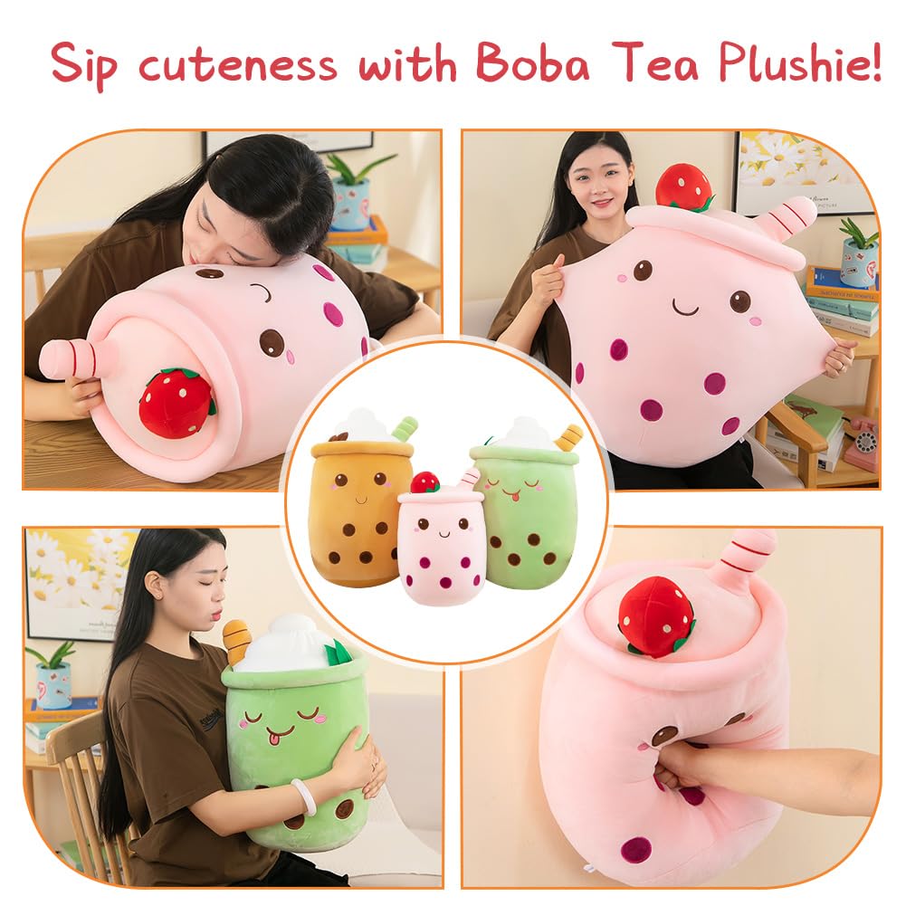 AMOZO Bubble Tea Plush Pillows, Cute Boba Plushies Soft Toys Giant Stuffed Animal Pillow for Lovers (Pink, 24cm)