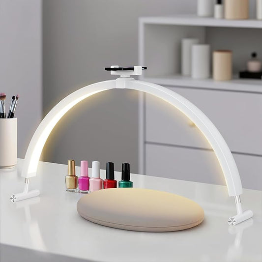 Nail Light for Desk, 30'' LED Half Moon Lamp for Nail Techs, Manicure and Handicraft, Adjustable Color Modes and Brightness, with Phone Holder (White)