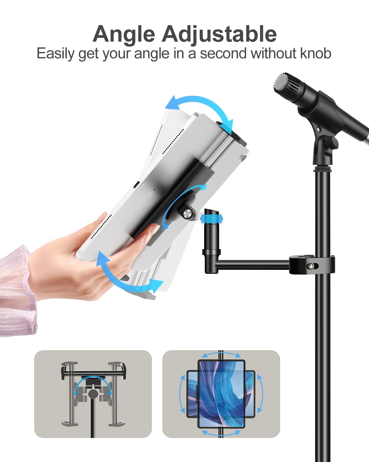 elitehood Aluminum iPad Holder for Mic Stand, Side Mount iPad Music Stand Holder for Microphone, 360° Swivel Tilt Adjustable Mic Tablet Mount for 4-13in iPhone, Cell Phones and Tablets