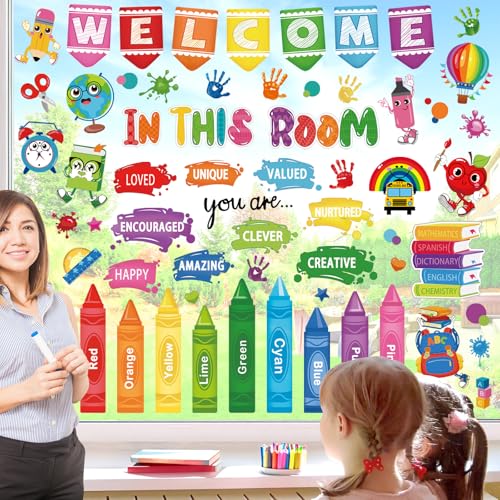 wondever Colorful Pencils Inspirational Quotes Window Clings Back to School Crayon Handprint Glass Sticker Decal Anti Collision Double-Side Static Stickers for Home Glass