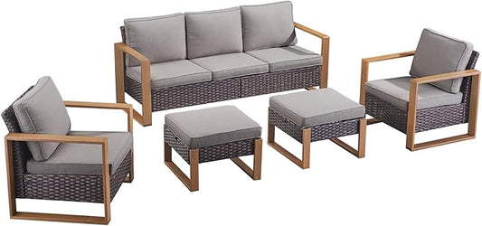 Rilyson Outdoor Wicker Patio Furniture Set - 5 Piece Patio Conversation Set with 2 Wicker Armrest Chairs,2 Rattan Ottoman and 1 Couch,Sturdy Frame,Thick Cushions,Deep Seating(Brown/Grey)