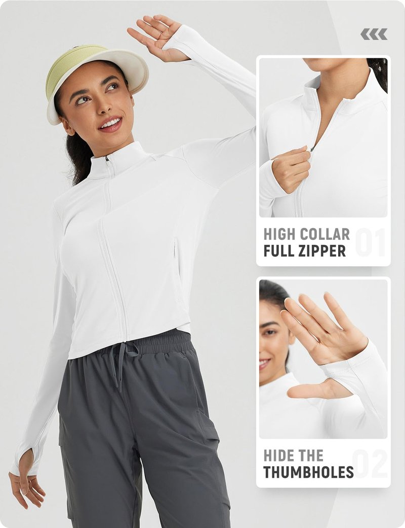 baleaf Women's UPF 50+ Sun Crop Shirt with Pockets Full Zip Cooling Quick Dry Long Sleeve Jacket for Golf Hiking Ultra White L