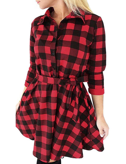 FANCYINN Womens Christmas Plaid Dresses Flannel Button Down Long Sleeve Shirt Dress Winter Casual Dresses Mini Dress with Belt Red XS