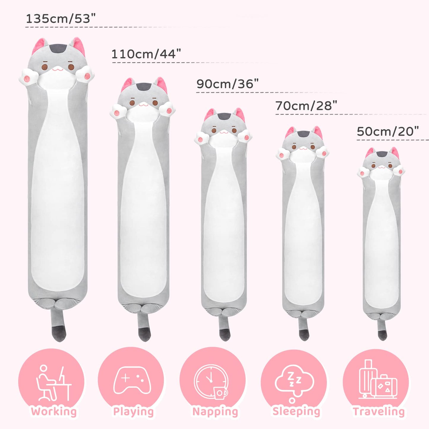 Mewaii 20in Long Cat Plush Pillows Stuffed Animals Squishy Pillows - Cute Plushie Kitten Sleeping Hugging Pillow Toys for Kids(Gray)
