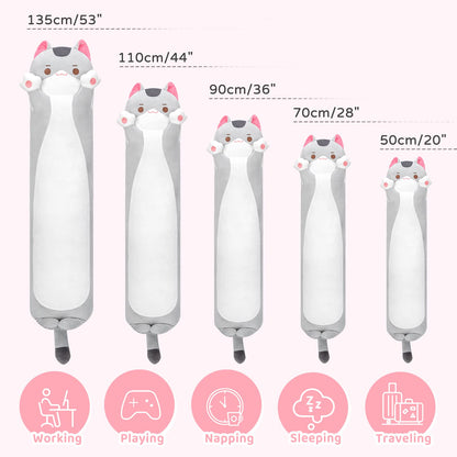 Mewaii 20in Long Cat Plush Pillows Stuffed Animals Squishy Pillows - Cute Plushie Kitten Sleeping Hugging Pillow Toys for Kids(Gray)