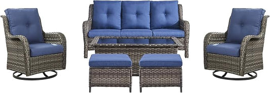 Rilyson Wicker Patio Furniture Set - 6 PC Rattan Outdoor Sectional Conversation Sets with 2 Swivel Rocking Chairs,2 Ottomans,1 Sofa and 1 Coffee Table for Porch Deck(Mixed Grey/Blue)
