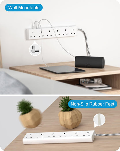 LENCENT Extension Lead with USB C Port, 3250W 13A, 6 Way Outlets Power Strip with 1 USB-C and 2 USB Slots, Multi Power Plug Extension with 1.8M Braided Extension Cord for Home Office, White