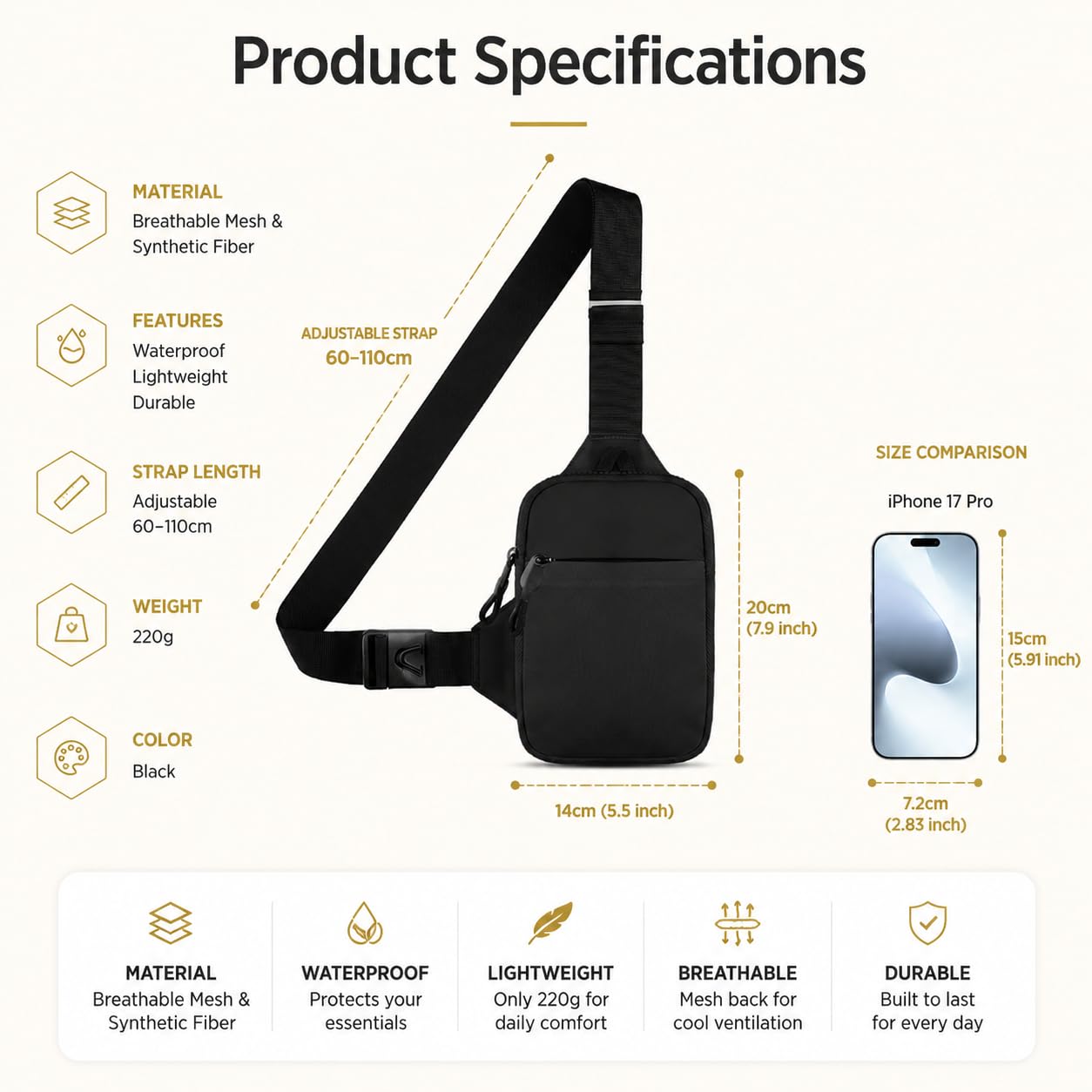Simptech Mini Crossbody Sling Bag - Water-Resistant Dual Pocket Chest Pack - Lightweight Fanny Pack for Running, Travel & Everyday Workout