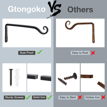 Gtongoko 2 Pack 10 Inch Metal Plant Hangers Wall Hooks for Hanging Plant Brackets, Outdoor Hooks for Hanging Bird Feeders, Flower Baskets, Lanterns, Wind Chinme, Solar Lamps