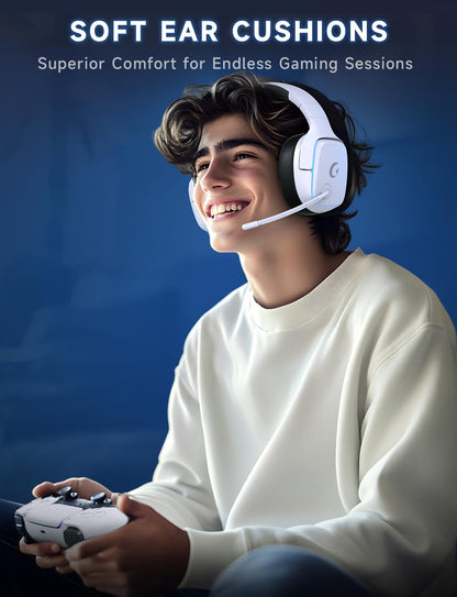 Gvyugke 2.4GHz Wireless Gaming Headsets for PS5, PS4, PC, Switch - Bluetooth 5.3 Gaming Headphones with Noise Canceling Mic, 7.1 Surround Sound, 70H Battery, Blue Lighting - White