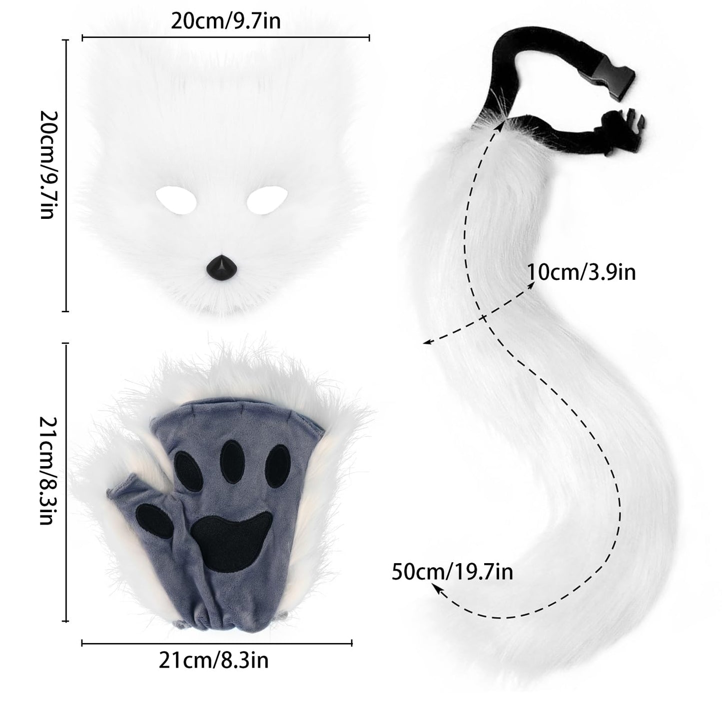 Adolala Faux Fur Fox Tail Cat Wolf Set Plush Mask Fluffy Paw Gloves Halloween Christmas Party for Women