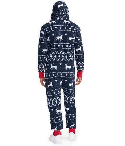 Tipsy Elves Blue Fair Isle Men's Pajamas Ugly Christmas Sweater Jumpsuit Navy Blue Large