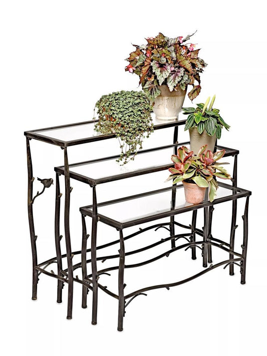 Gardener's Supply Company 3 Tier Plant Stand | Decorative Metal & Tempered Glass Ladder Shelf | Best For Living Room, Patio & Balcony