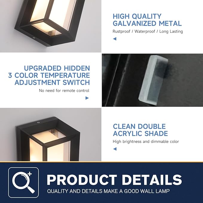 Outdoor Porch Light,15%-100% Dimmable Indoor Wall Light Fixtures,3000K/4000K/6500K Adjustable,24W Exterior Wall Lighting,Waterproof Outdoor Modern Wall Sconce Lights,2160LM Indoor Wall Sconce 2 Pack