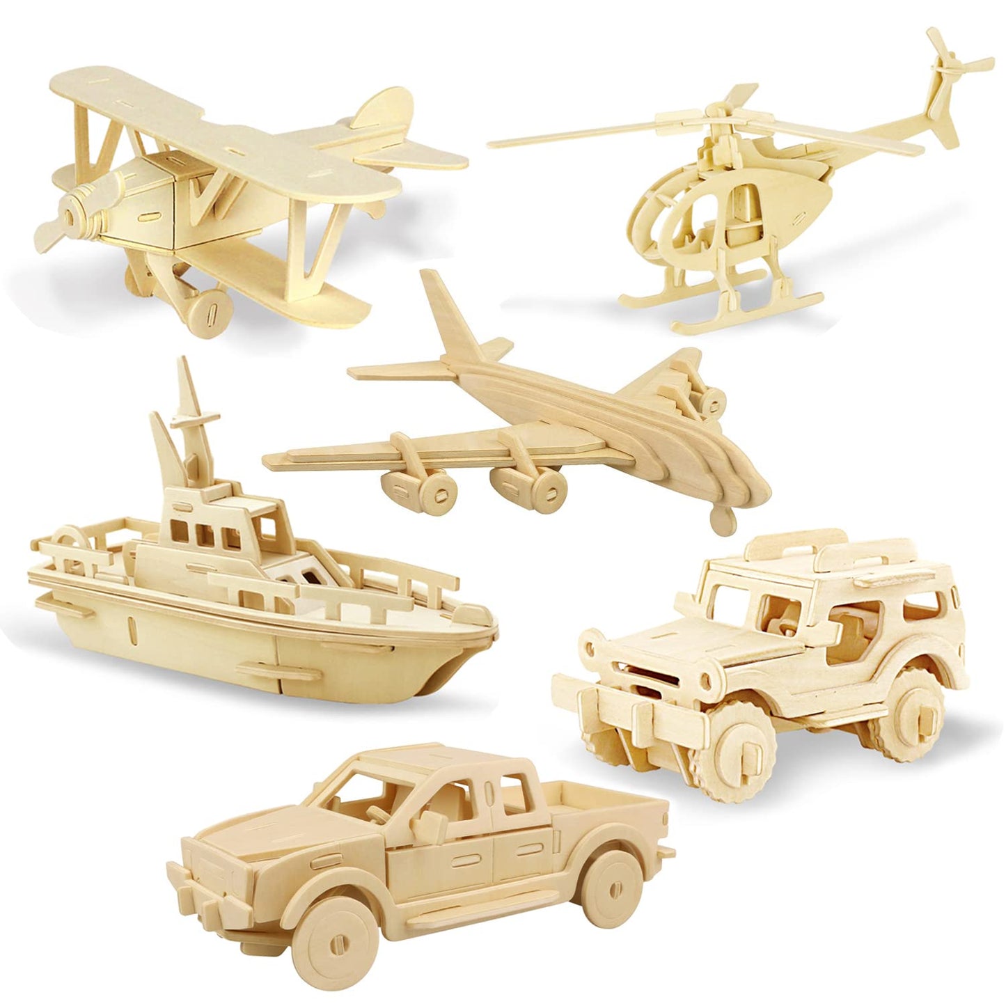 Georgie Porgy 3D Wooden Puzzles DIY Models Kits for Kids Dinosaur Airplane Woodcraft Construction Toy Pack of 6 (Airplanes Cars Yacht)
