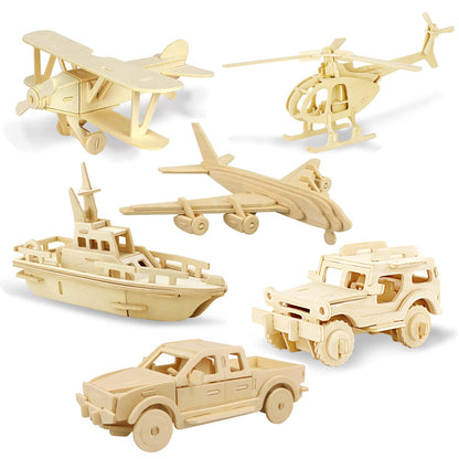 Georgie Porgy 3D Wooden Puzzles DIY Models Kits for Kids Dinosaur Airplane Woodcraft Construction Toy Pack of 6 (Airplanes Cars Yacht)