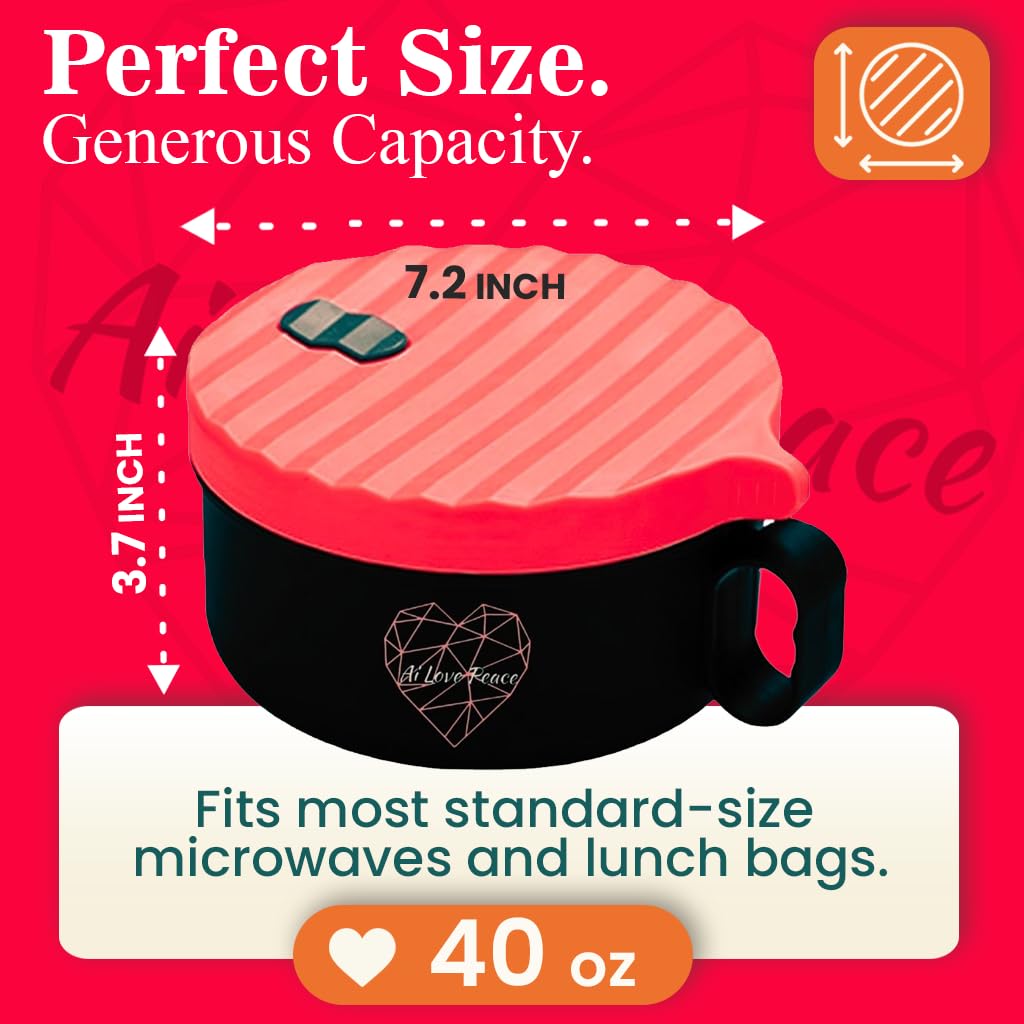 AI LOVE PEACE Ramen Bowl, 40 oz Microwaveable Noodle Cooker for Ramen, Pho, Soup, and Pasta, Dishwasher Safe and Portable, Ideal for Home, Office, Dorm, or Gift (Red)