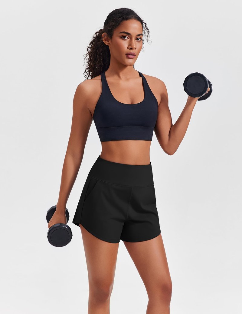 PINSPARK Womans Athletic Running Shorts Workout Sports Active Short Yoga Fitness 3.5" Inseam Soft Smooth Gym Shorts with Side Pockets, Black Medium