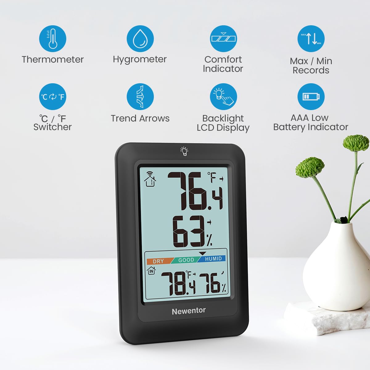 Newentor Indoor Outdoor Thermometer Wireless, Weather Stations Wireless Indoor Outdoor, Outdoor Thermometers for Patio House, Black with 1 Sensor