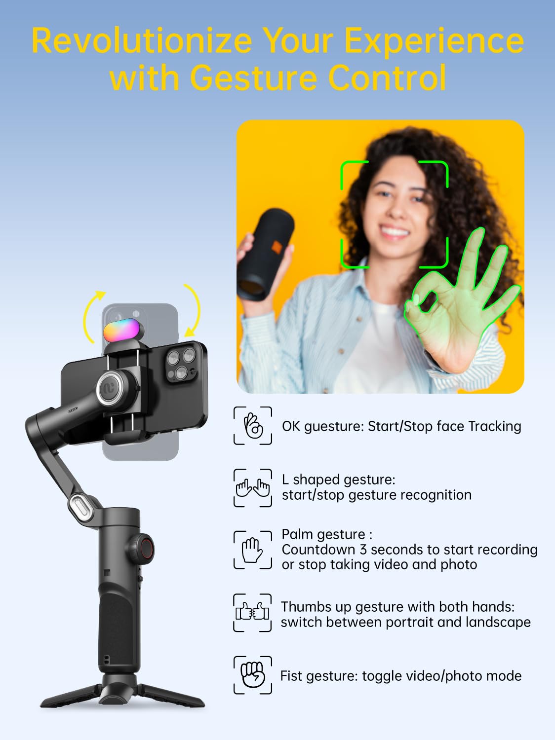 AOCHUAN 3-Axis Gimbal Stabilizer for Smartphone with RGB Magnetic Fill Light Upgraded Face Tracking Focus Wheel Foldable iPhone Gimbal for iPhone/Android Phone Stabilizer Vlog Recording Smart XE Kit