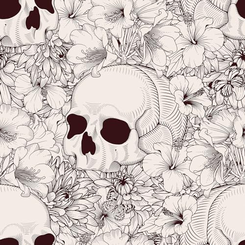 Gothic Wallpaper Skulls Ferns Peel and Stick Wallpaper Beige Brown Halloween Contact Paper for Bedroom Bathroom Living Room Cabinets 17.5"x102" Removable Waterproof Skulls Art Decor Mural
