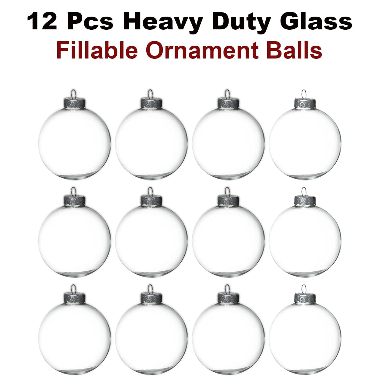 4E's Novelty 12-Pack 3.15 Inch Clear Glass Christmas Ornament Balls - Fillable with Hanging Cord, DIY Glass Ornaments for Xmas Tree