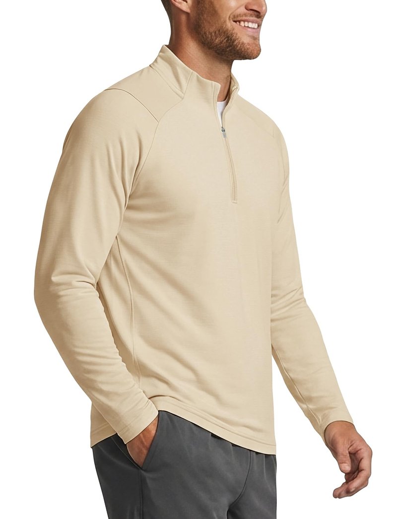 Zengjo Quarter Zip Men Athletic Shirts for Runnig Workout Golf Performance(Beige,Large)