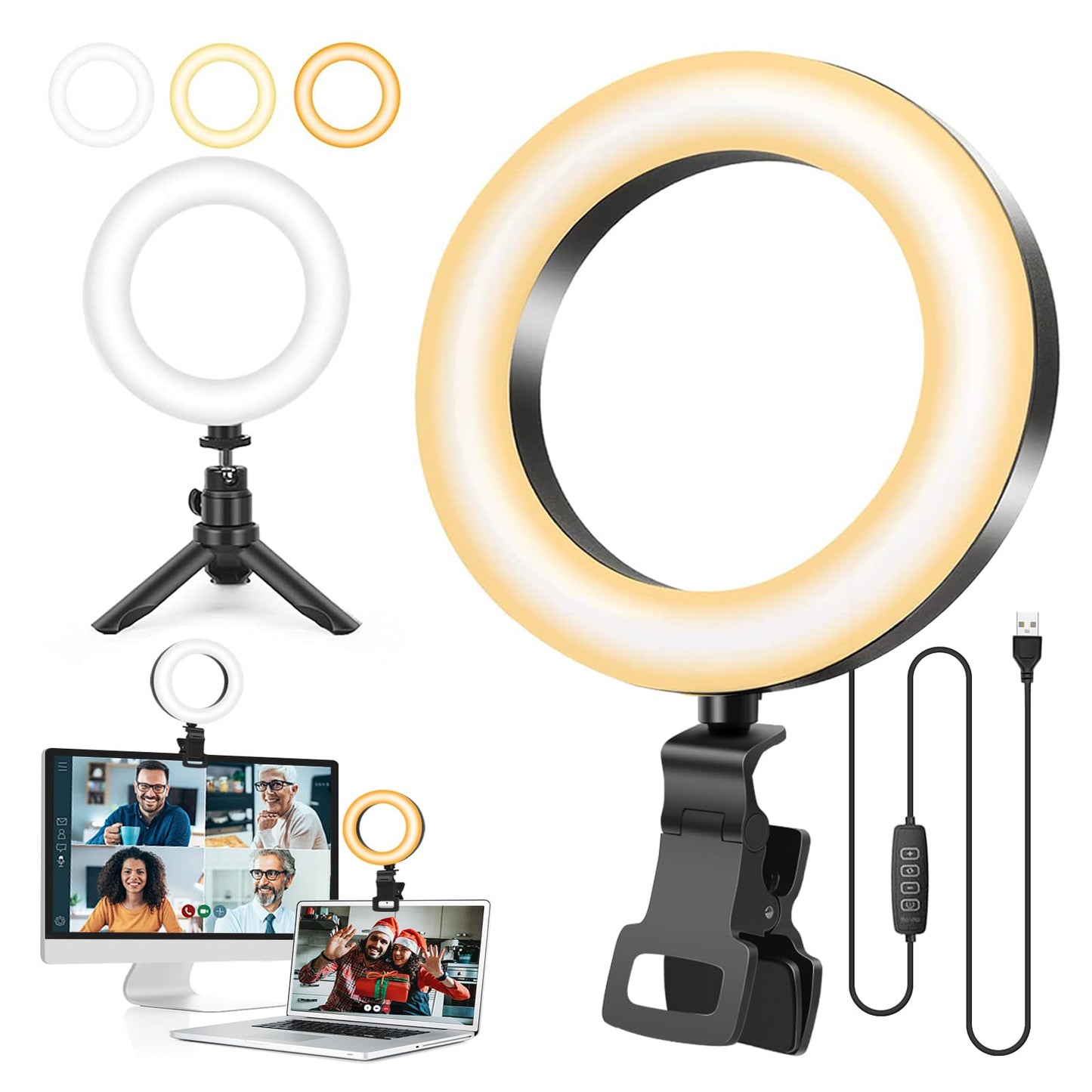 Ring Light with Tripod Stand&Clip Video Calls, Evershop 5" Video Conference Halo Light 3 Light Colors+10 Brightness 360°Rotate Led Ring Light Stand Desk for Makeup PC Zoom Meeting YouTube TiKTok