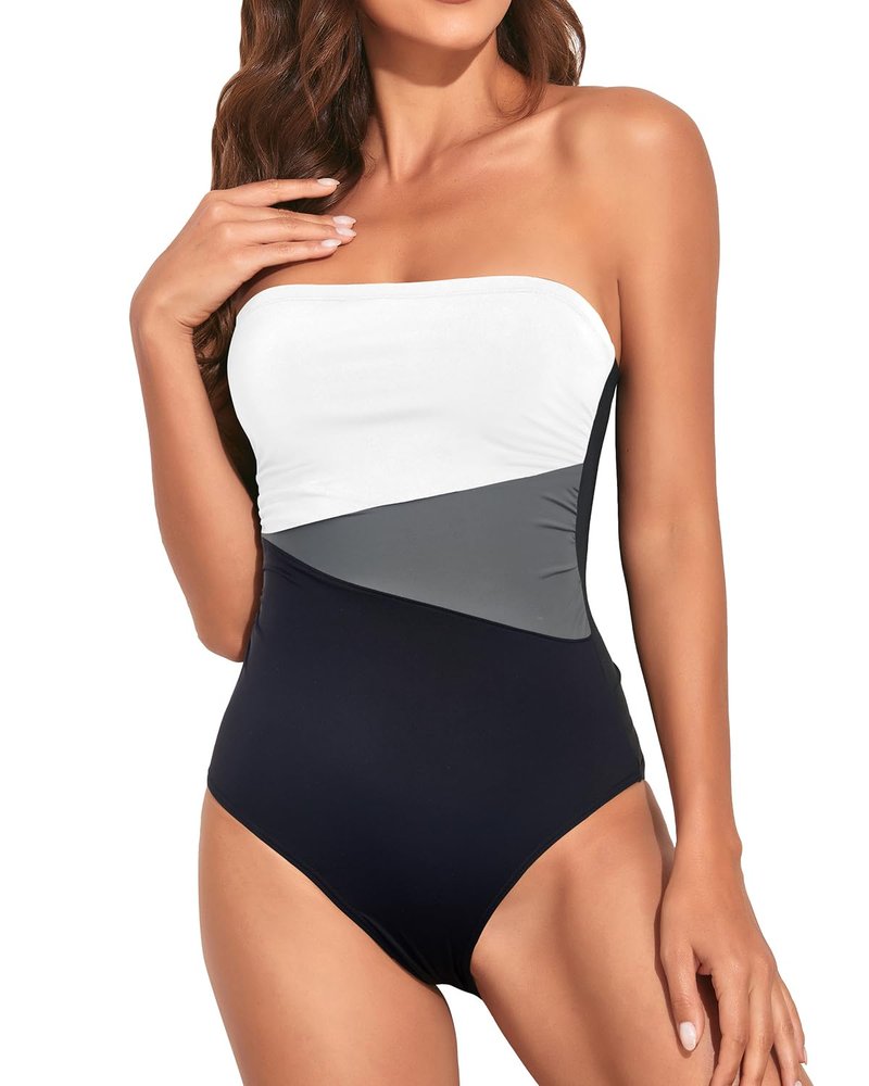 Holipick Women Black White Grey Strapless Bandeau One Piece Swimsuits Tummy Control Bathing Suits Halter Strapless Swimwear M