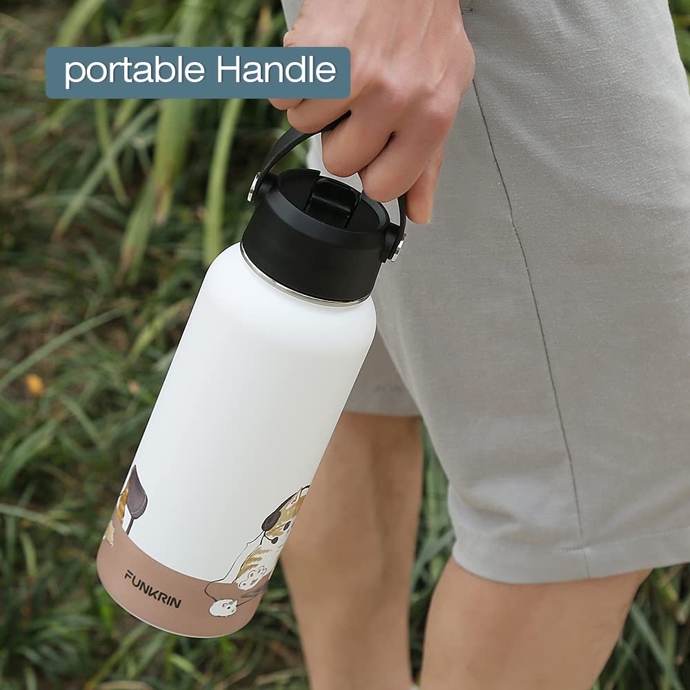 Funkrin Insulated Water Bottle with Straw Lid & Spout Lid, 32oz Personalized Vacuum Stainless Steel Travel Mug, Leak Proof Double Wall Bottle for Hot & Cold Beverages