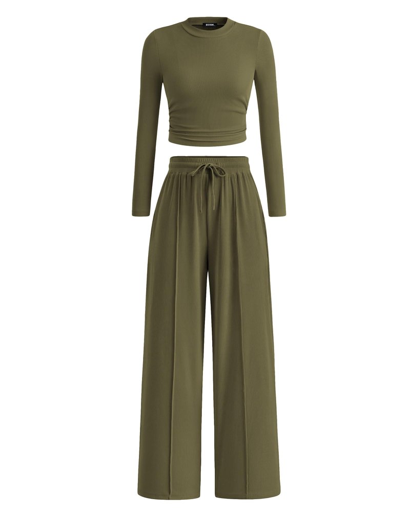 BTFBM Casual 2 Piece Sets For Women Fall Outfits 2026 Ribbed Spring Long Sleeve Crop Top Wide Leg Pants Matching Lounge Set