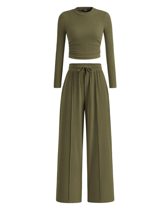 BTFBM Casual 2 Piece Sets For Women Fall Outfits 2026 Ribbed Spring Long Sleeve Crop Top Wide Leg Pants Matching Lounge Set