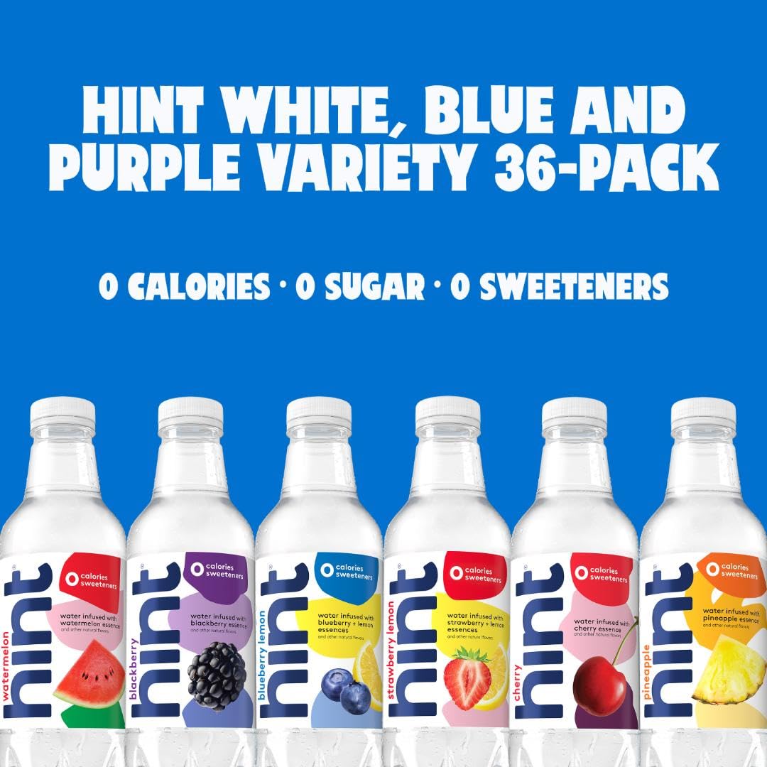 Hint Blue, White, and Purple Variety Packs - Purified Flavored Water, Zero Calories, Sugar Free, Natural Flavors - 16 Fl Oz (Pack of 36) Still Bottled Water