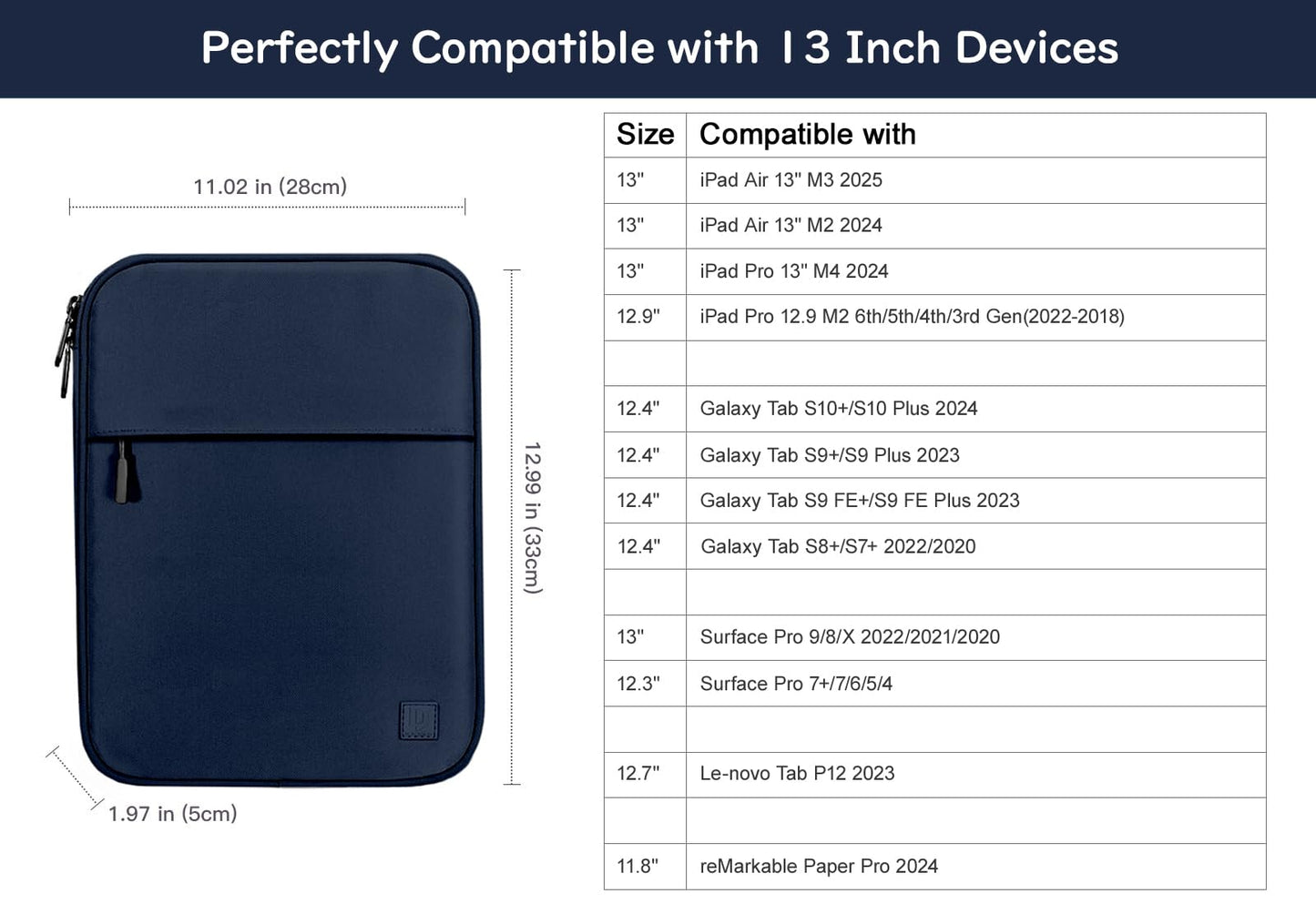 Dadanism 13 Inch Tablet Sleeve Padded Carrying Case for iPad Pro 13" M4 2024, iPad Air 13", iPad Pro 12.9", Samsung Galaxy Tab S10+ Plus/S9 FE+/S9+ Plus 12.4", reMarkable Paper Pro 11.8", Indigo