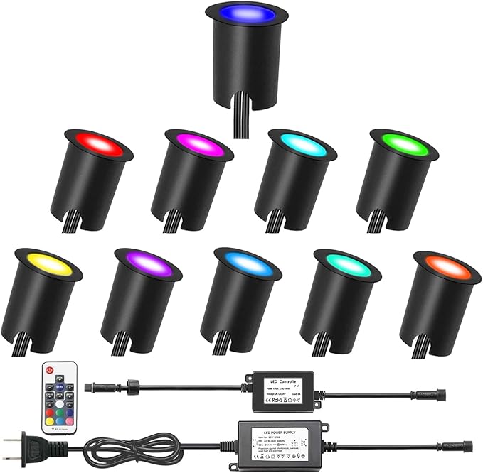 LED Deck Light Kit 0.1W-0.3W Low Voltage RGB Outdoor Lighting with Protecting Shell,6Lm IP67 Waterproof Outdoor Step Stairs Garden Yard Patio Landscape Decor Lighting(RGB,10pcs Black Border)