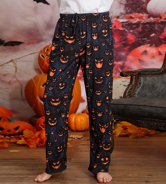 Pjs Bottoms Mens Halloween Orange Pumpkin Pajama Pants for Men 3D Printed Black Elastic Waist Sleepwear for Couples Man Funny Hallowmas Sleeping Clothes Male